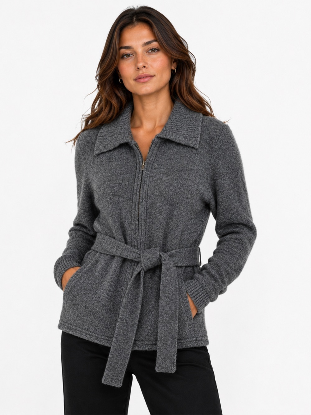 BCBGMAXAZRIA Women's 100% Wool Sweater Gray Belted Zipper‎ Size XS